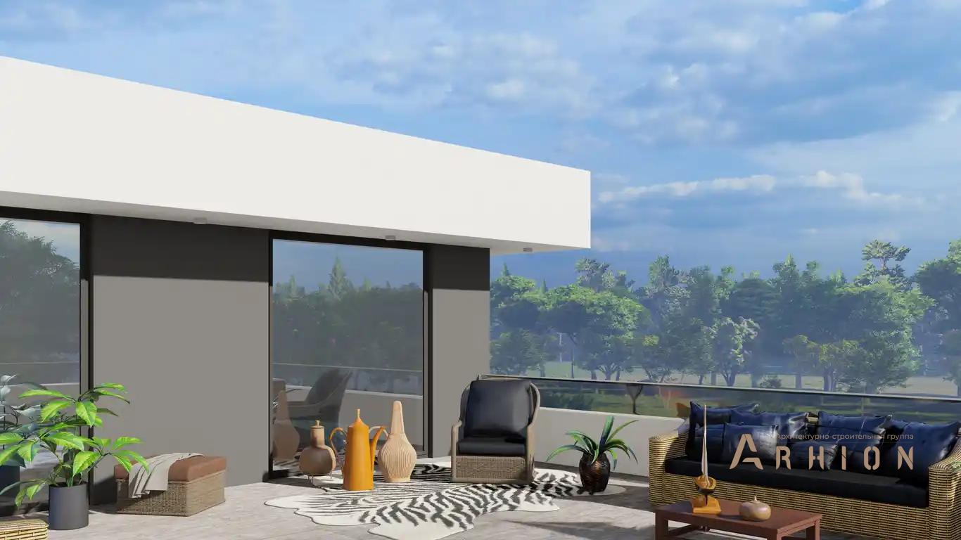 9. Проект двухэтажного дома в стиле хай-тек с плоской кровлей , h-1603, площадью - 639 кв c терассой, балконом, гаражом, вторым светом